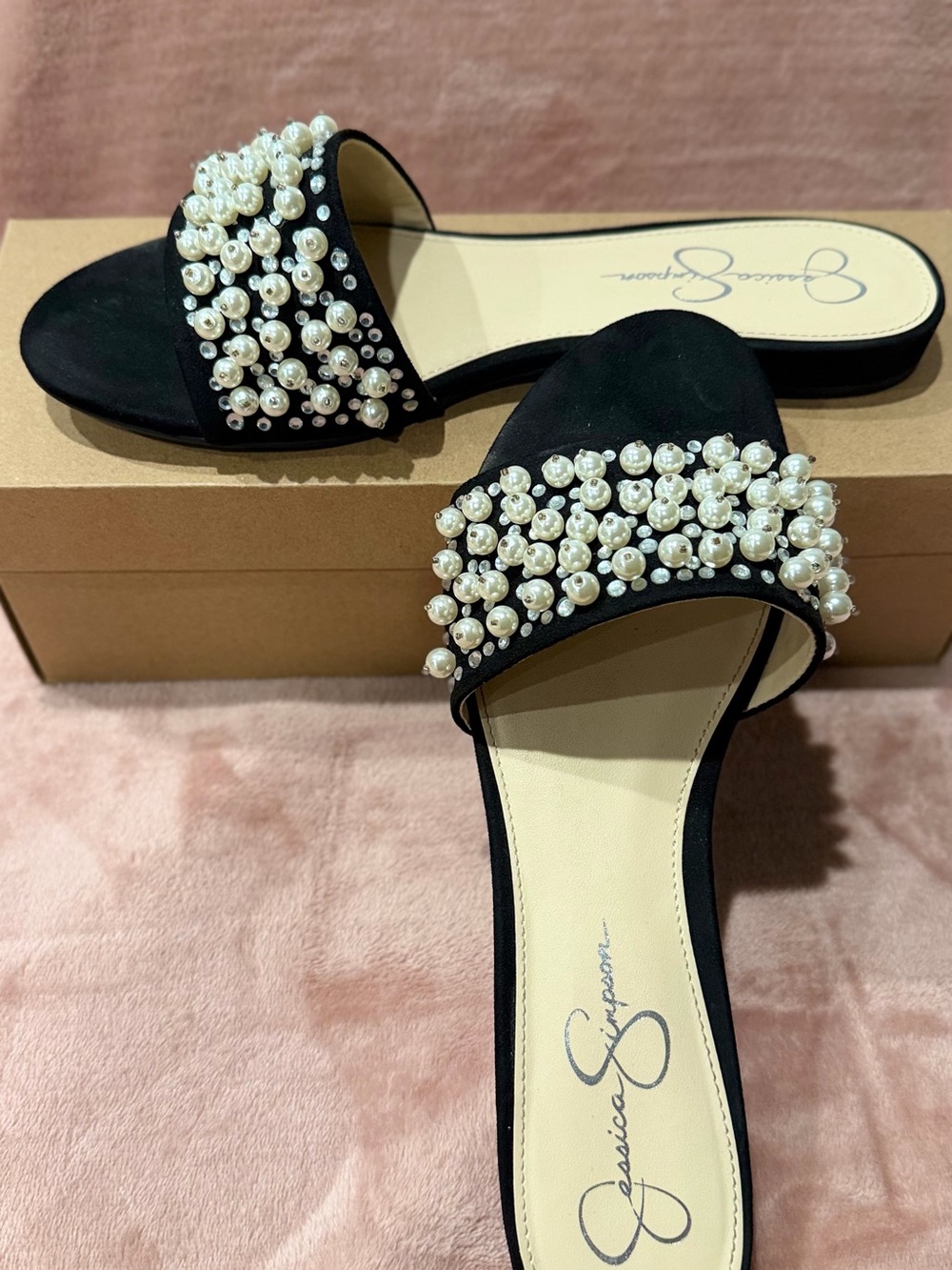 Jessica Simpson Black Pearl-Embellished Slide Mules - Picture 3 of 4